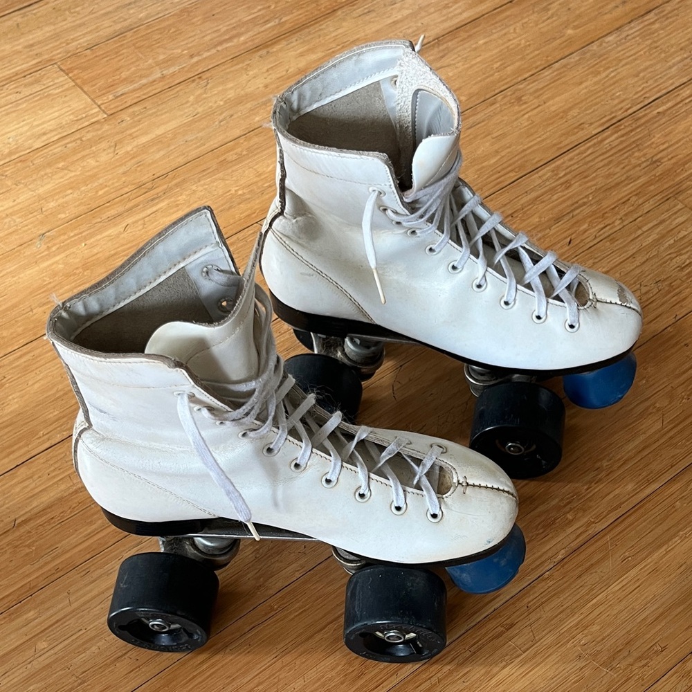 White Roller Skates with Blue Wheels